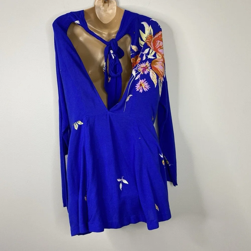 Free People Gemma Blue Floral Choker‎ Neck Cut Out Back Tunic Mini Dress Medium